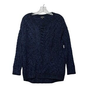 Express Cable Knit Lace‎ Up V Neck Sweater Women's Size Small Navy Blue